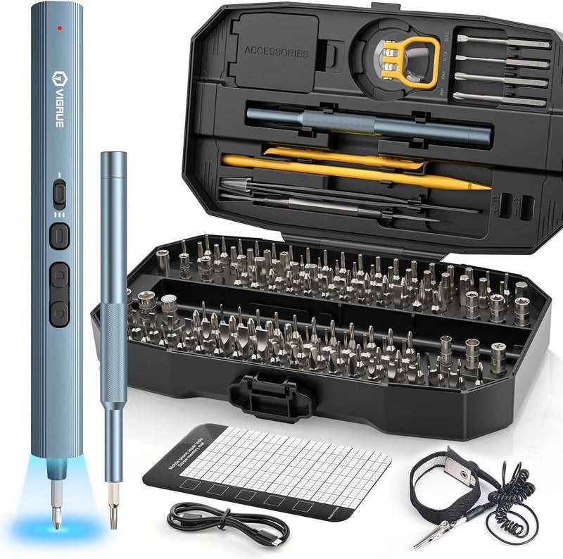 VIGRUE Electric Screwdriver, 155 IN 1 Mini Precision Screwdriver Set, 3 Torque Settings with 140 Magnetic Precision Bits, Power 650mAh Cordless Screwdriver Kit for Laptop Camera Watch Drones Repair - Image 1